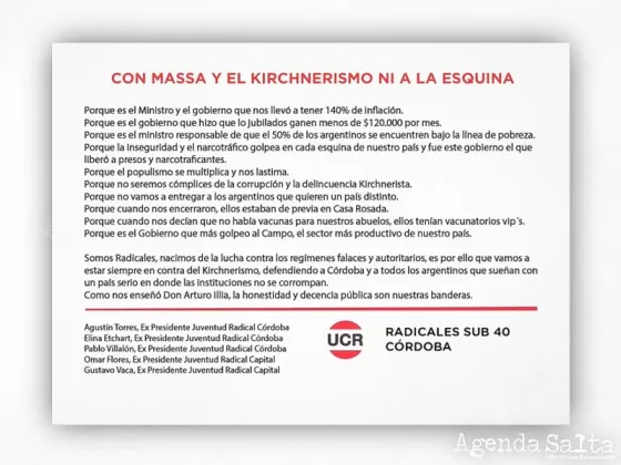 “Ni a la esquina”: Lo radicales de Córdoba anunciaron su frontal rechazo a la candidatura de Sergio Massa