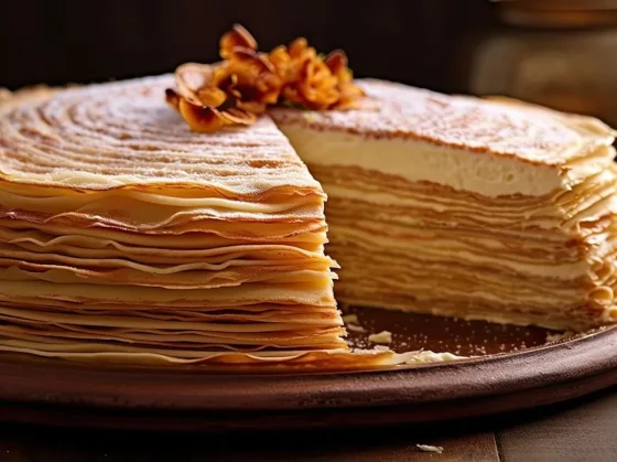 Tarta milhojas de crepes con crema pastelera y nata montada